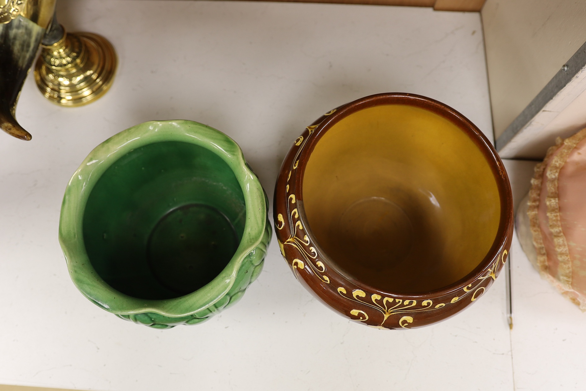 A Wardle decorative Arts and Crafts pottery jardiniere together with a green glazed jardiniere (2). Condition - fair